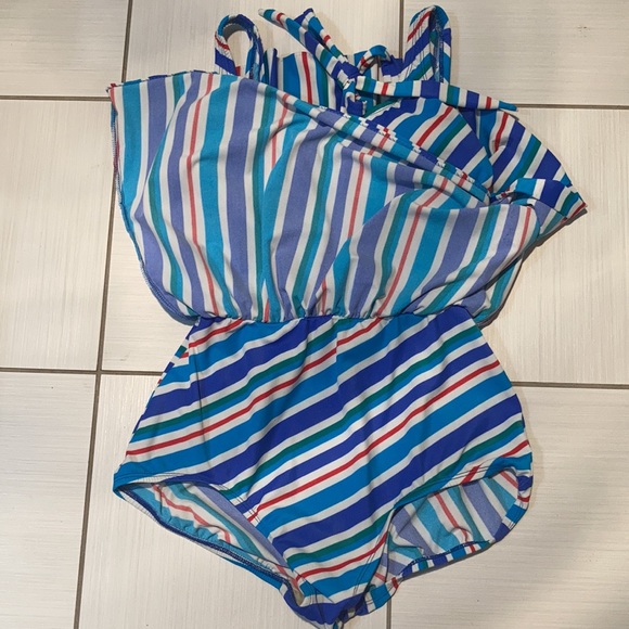 Vintage striped one-piece swimsuit with skirt Size 16 - Picture 4 of 8
